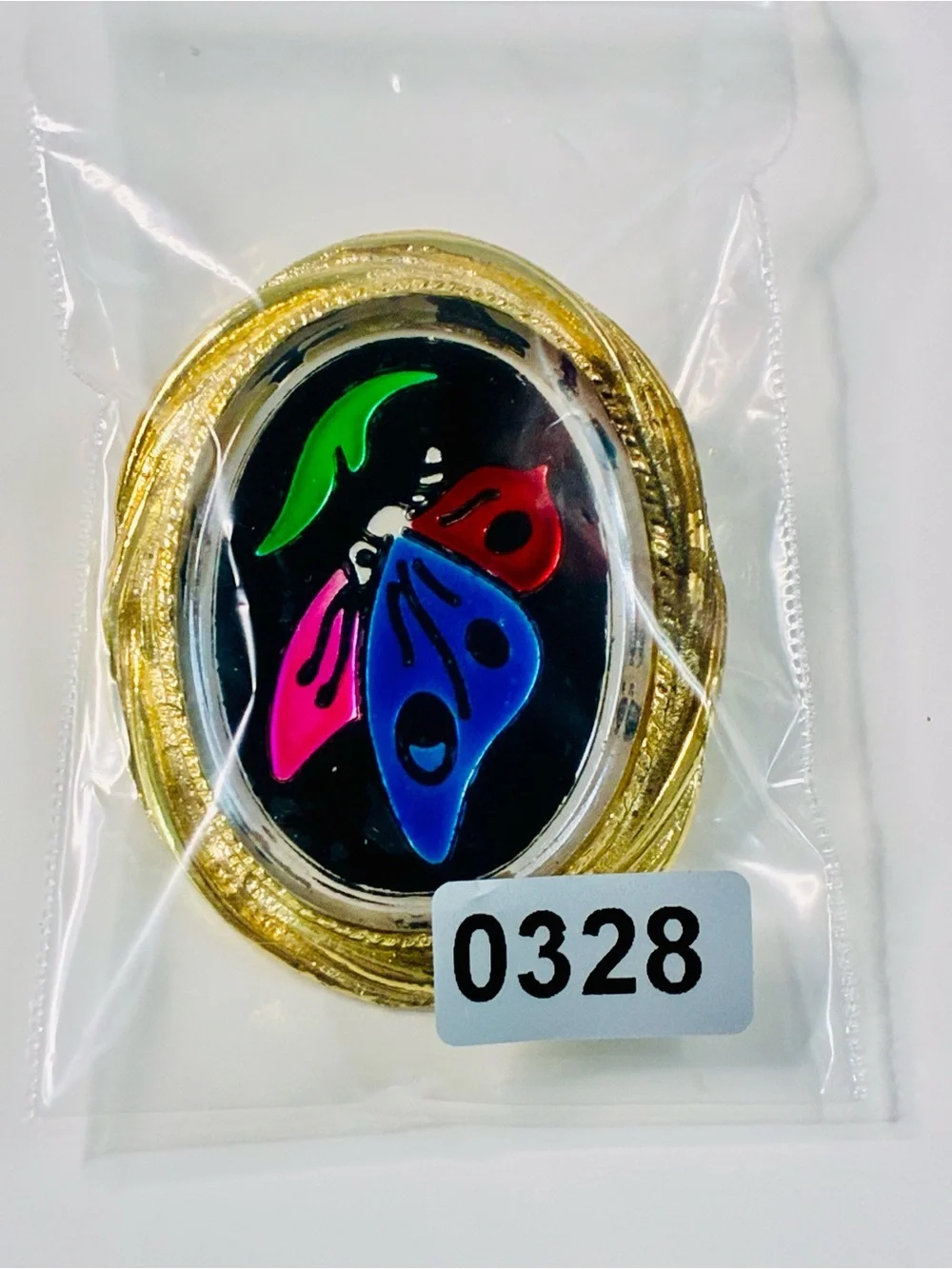 Colorful Butterfly Pendant Brooch in Gold-Tone Frame Unusual Eclectic EUC